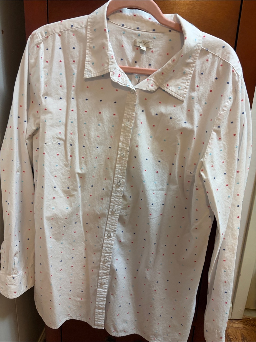 Talbots White Button-Down Shirt with Red and Blue Dot Pattern - Picture 2 of 6